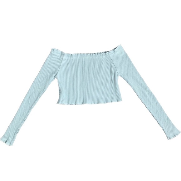 Shein Women’s Off The Shoulder Top Cropped Long Sleeves Pale Blue Size Medium - Picture 2 of 11